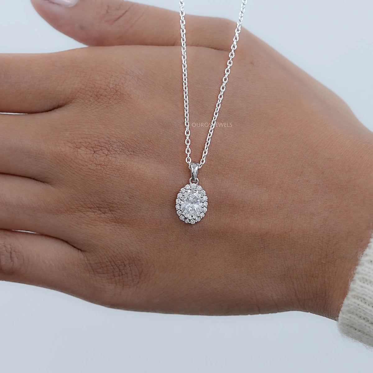 Oval and Round Lab Grown Diamond Halo Pendant Necklaces