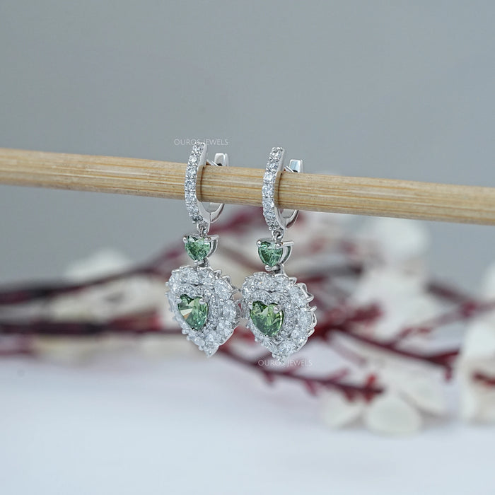 Green Heart Diamond Halo Drop Earrings