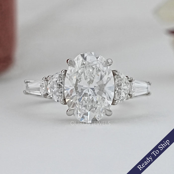 Oval And Half Moon Diamond Five Stone Engagement Ring