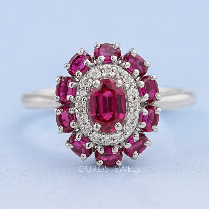 Round and Red Oval Diamond Double Halo Engagement Ring