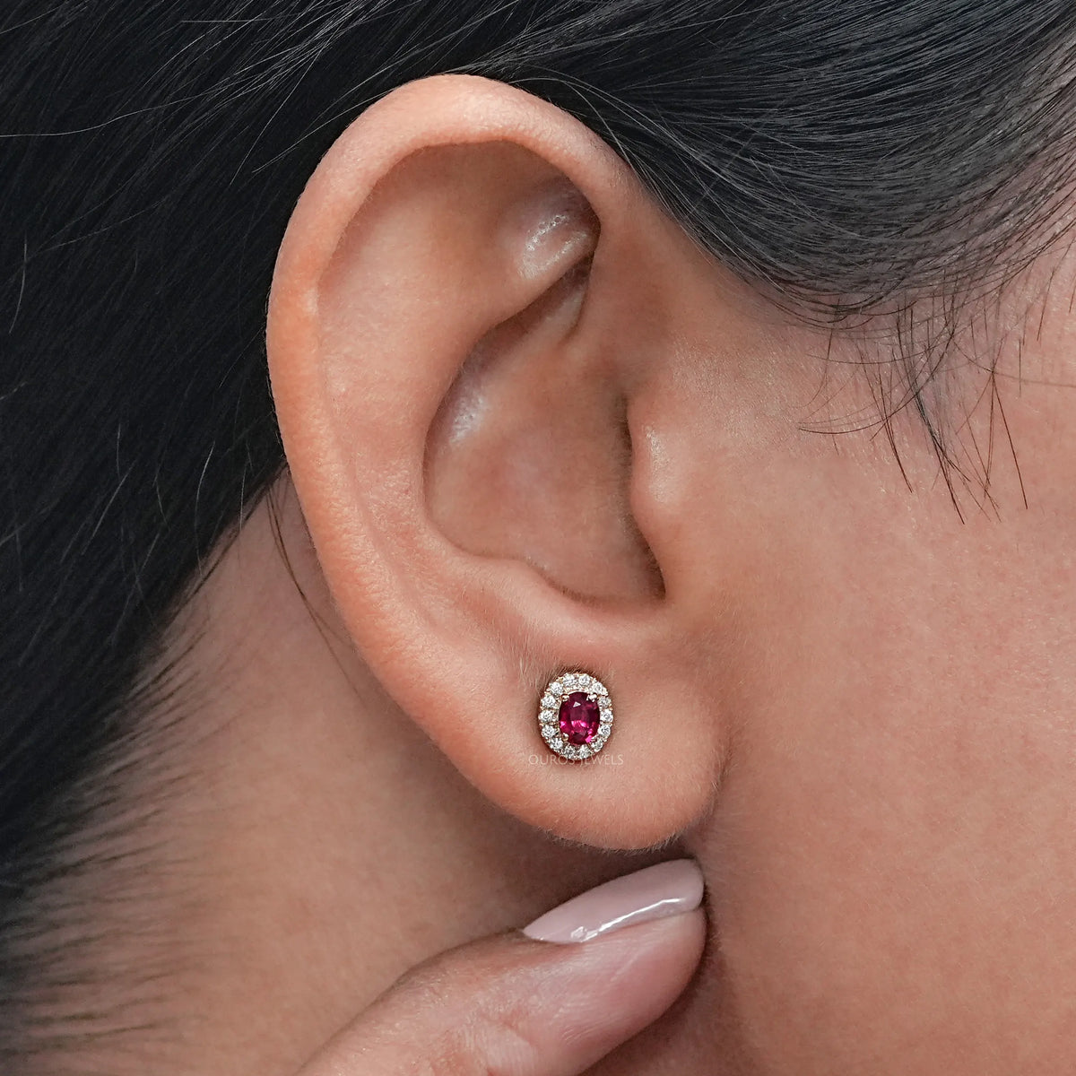 Ruby Oval Gemstone Halo Set Stud Earring Earring