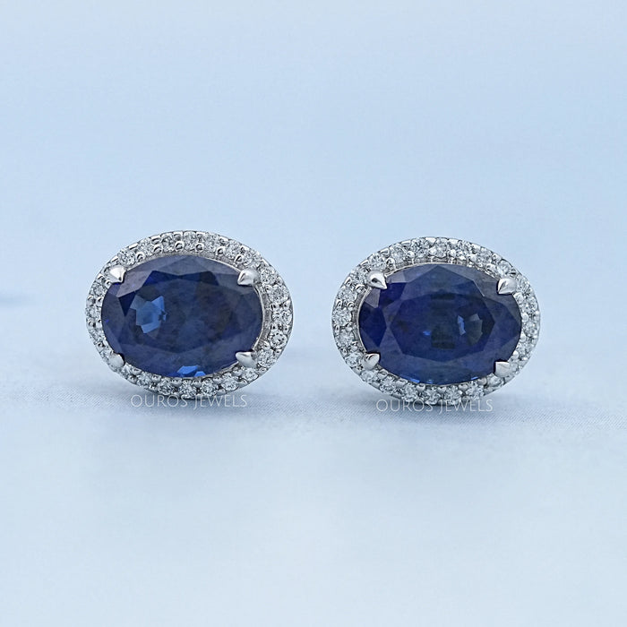 Blue Oval Sapphire Gemstone With Lab Diamond Halo Earring