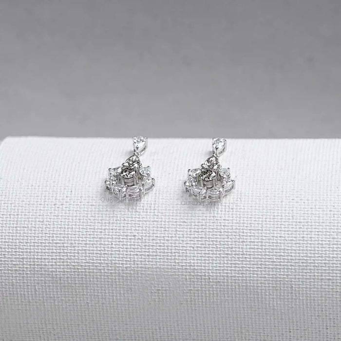 Olive Pear And Round Lab Diamonds Halo Drop Earrings