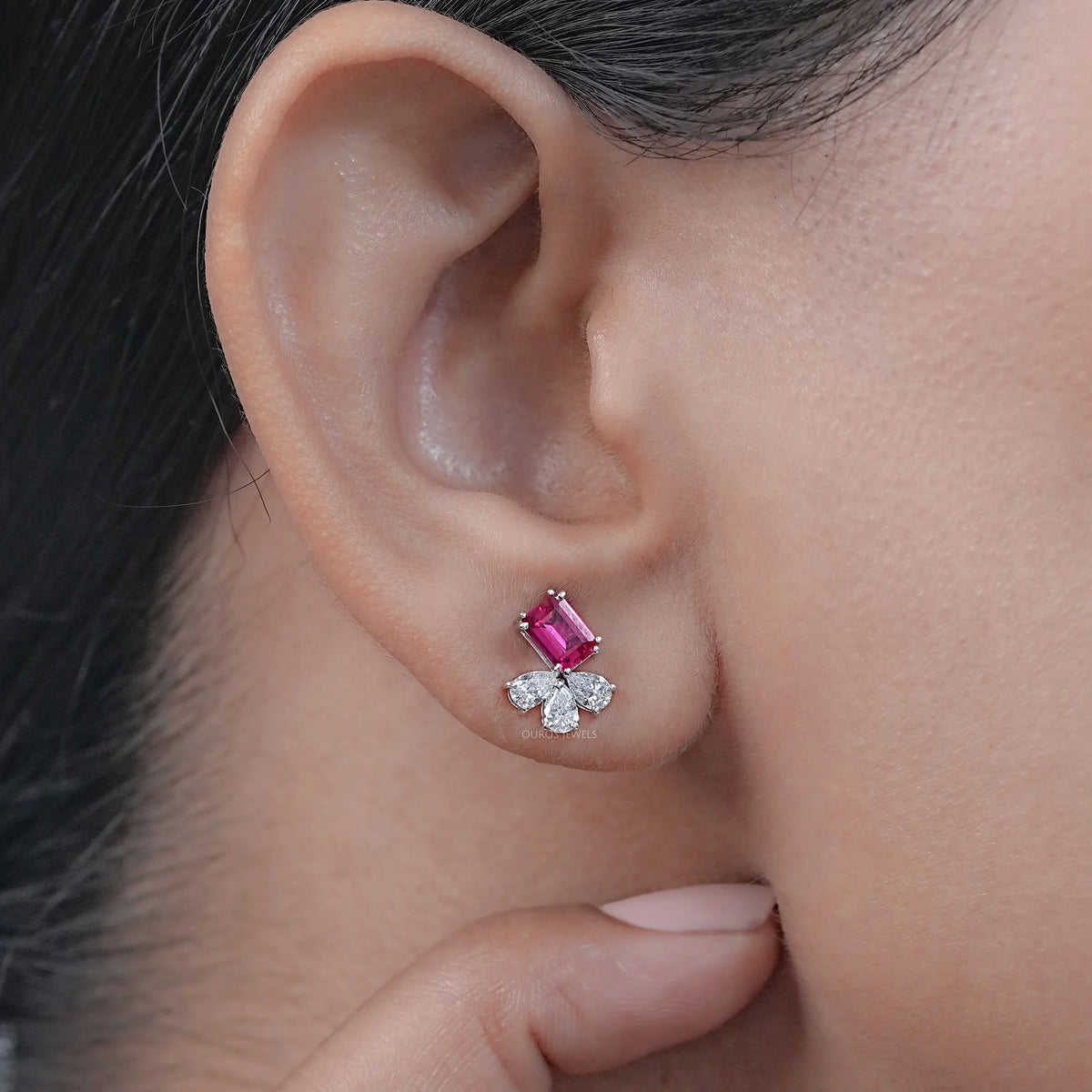 Ruby Emerald Gemstone And Pear Diamond Earrings