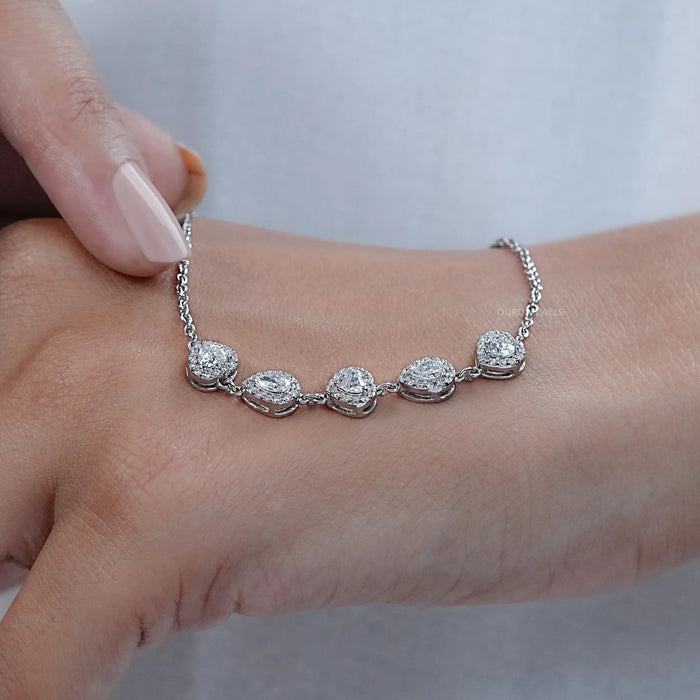 Heart & Pear Cut Five Stone Halo Lab Diamond Bracelet