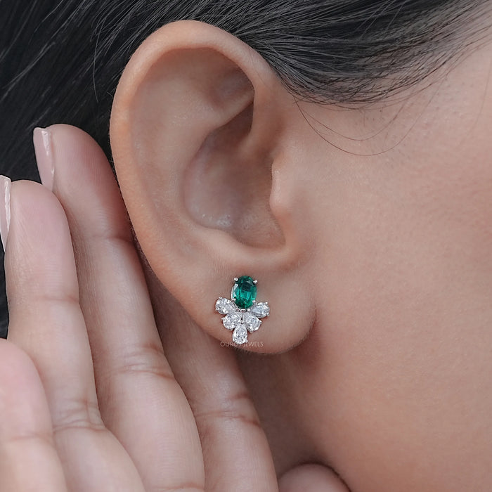 Green Oval  And Pear Lab Diamond Floral Stud Earrings