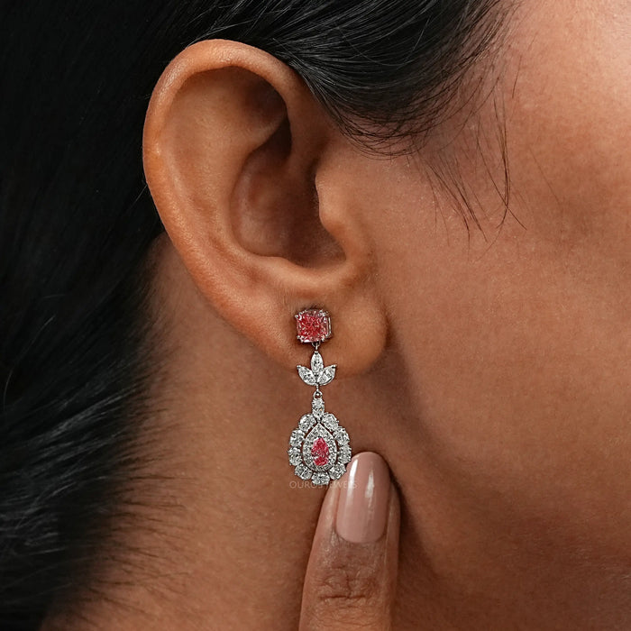 Pink Pear Cut Diamond Double Halo Earrings