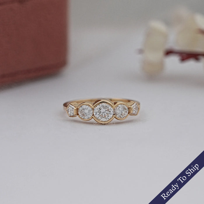Five Stone Round And Pentagon Diamond Bezel Set Ring