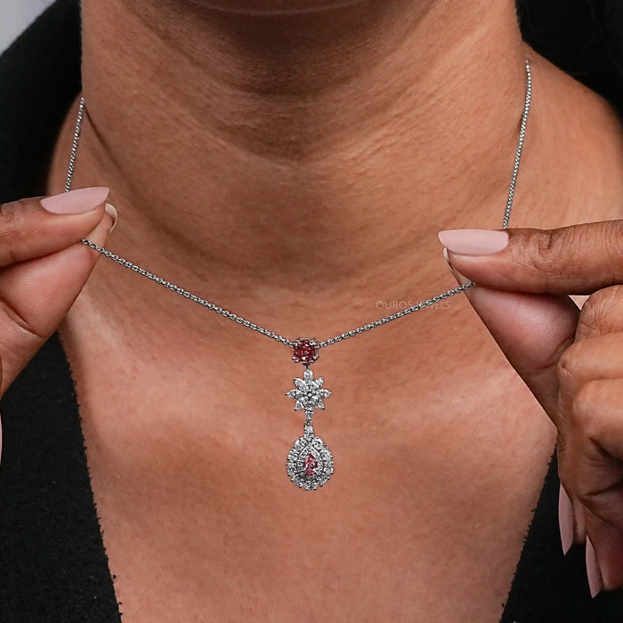 Pear Shape Double Halo Diamond Drop Pendant Necklace