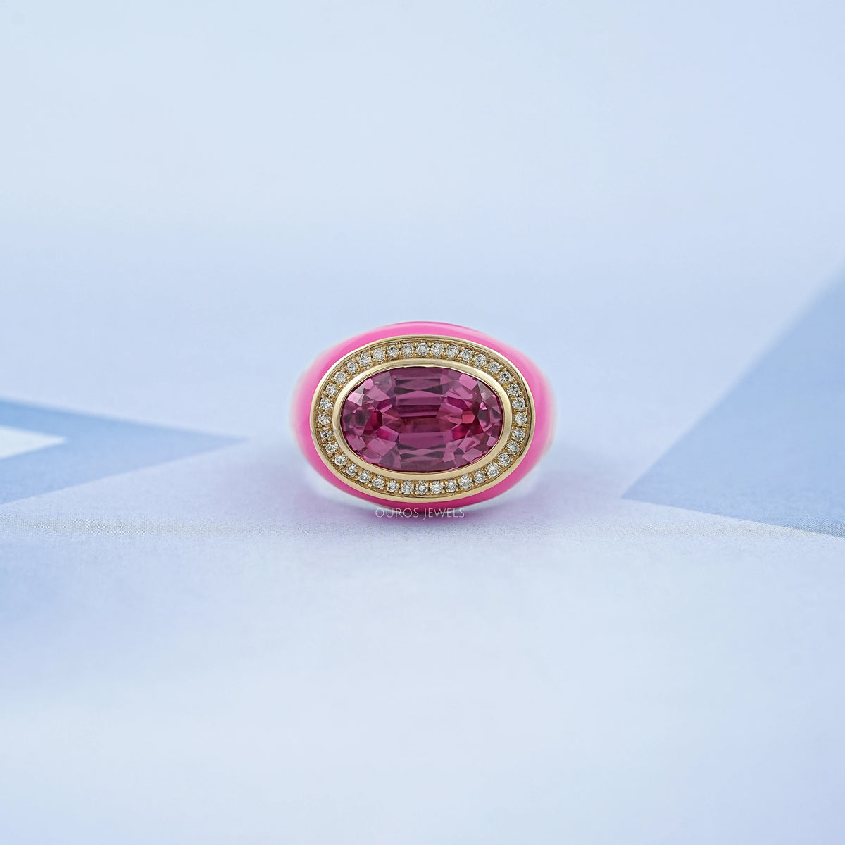 Blue Topaz East West Oval With Enamel Cocktail Ring Pink Gemstone Rings