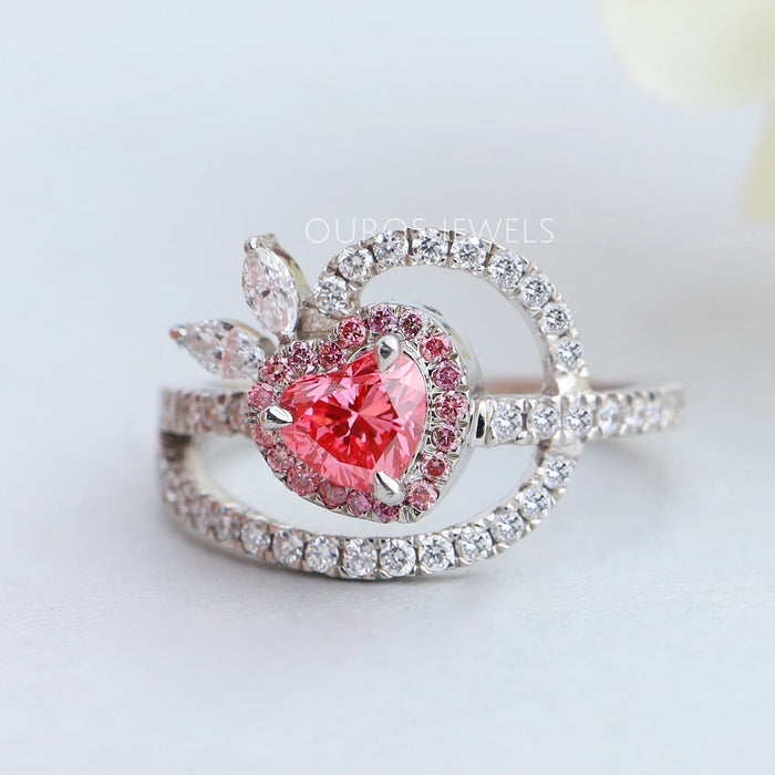 Pink Heart Cut Halo Diamond Anniversary Ring