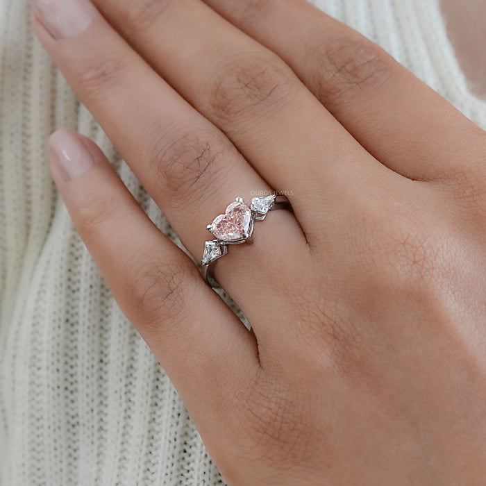 Pink Heart Shape Diamond Three Stone Proposal Ring