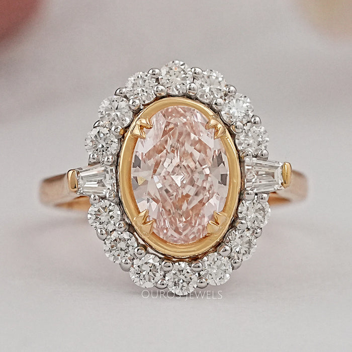 Pink Oval Diamond Yellow Halo Engagement Ring