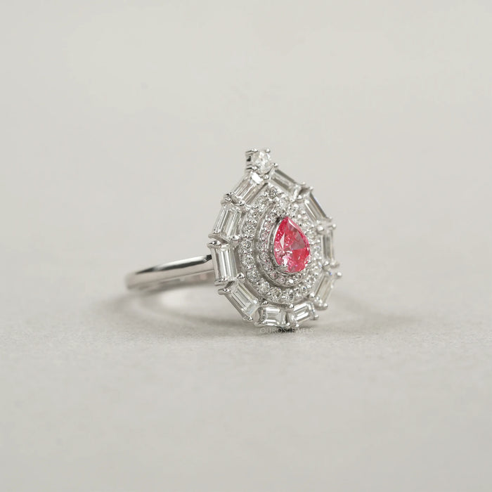 pink pear with baguette and round diamond double halo wedding ring's side view
