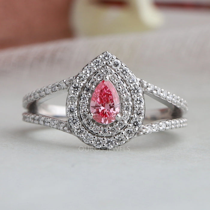 Pear Shaped Double Halo Diamond Split Band Ring