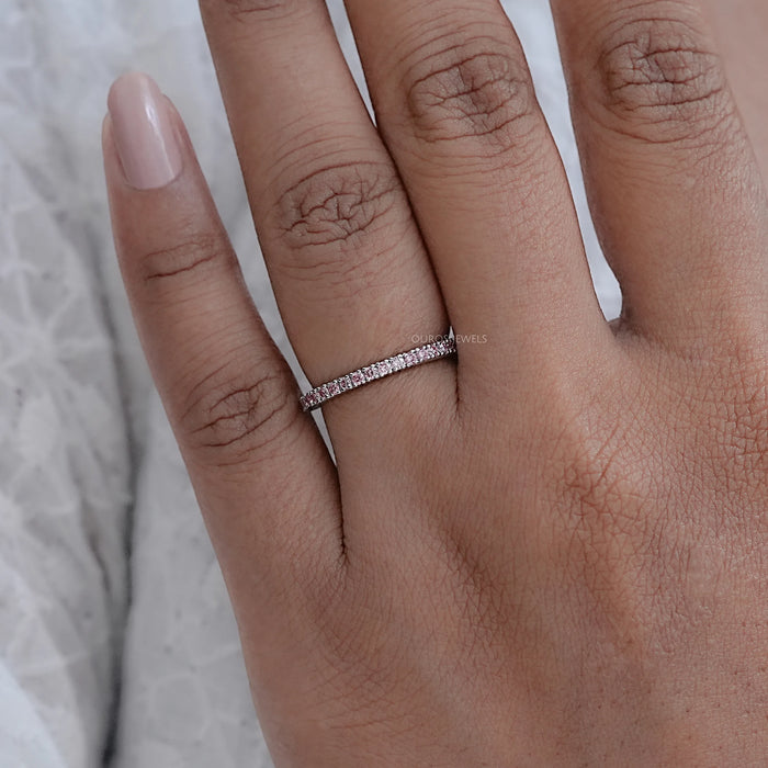 Pink Round Cut Lab Diamond Half Eternity Wedding Ring