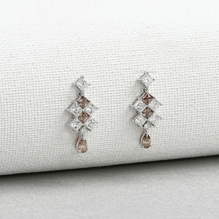 Brown Princess Cut Diamond Drop Earrings