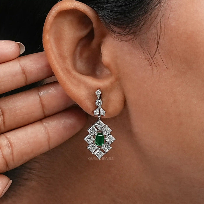 Green Gemstone And Princess Halo Earrings