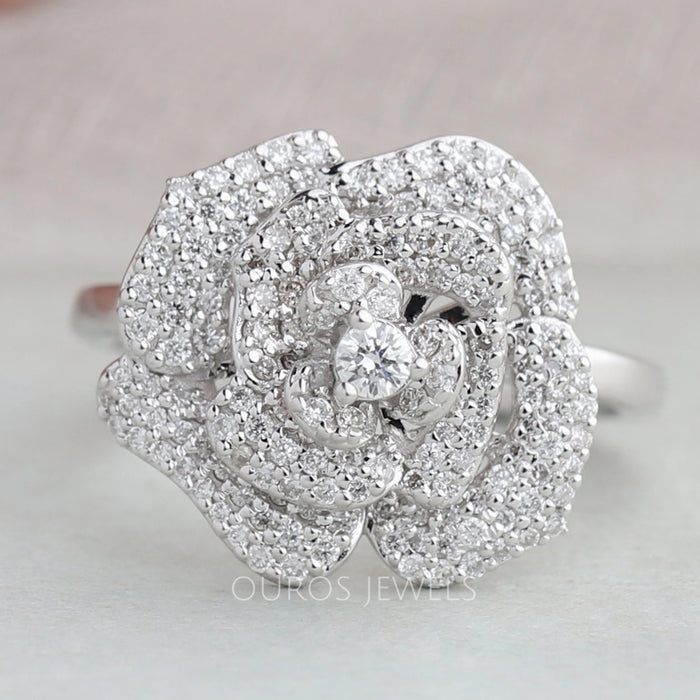 Round Cluster Lab Diamond Flower Shaped Pave Set Ring