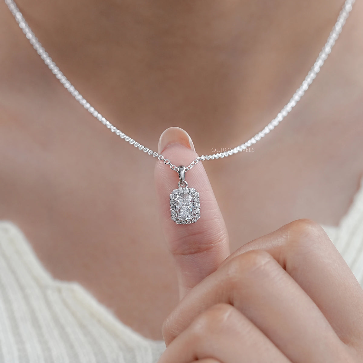 Radiant Lab Grown Diamond Halo Pendant Necklaces