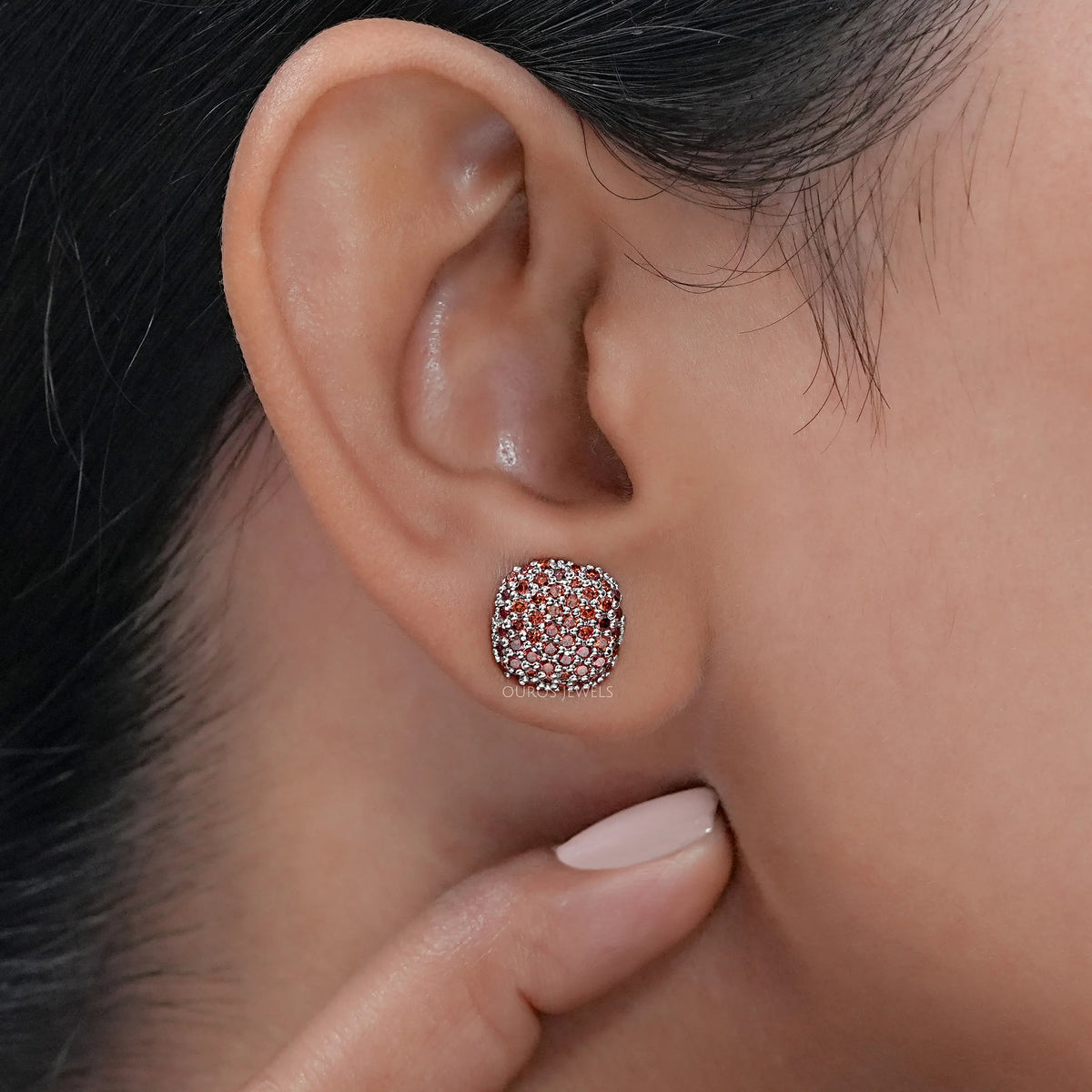 Red Round Cut Lab Diamond Pave Set Stud