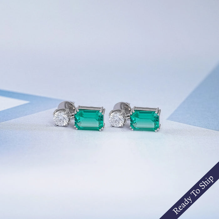 Two Stone Green Emerald And Round Diamond Drop Earrings
