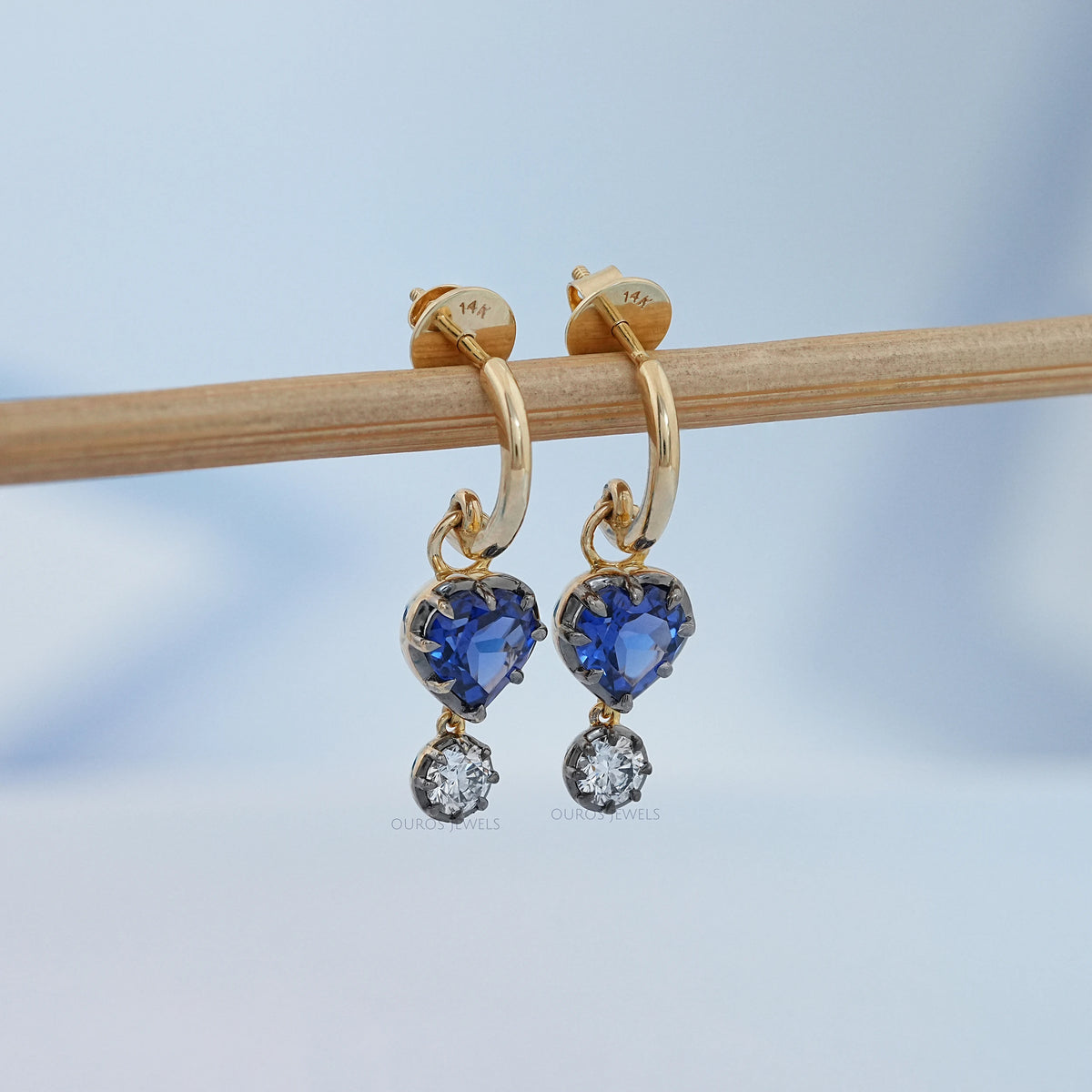 Sapphire Heart And Round Cut Black Coating Huggie Drop Earrings