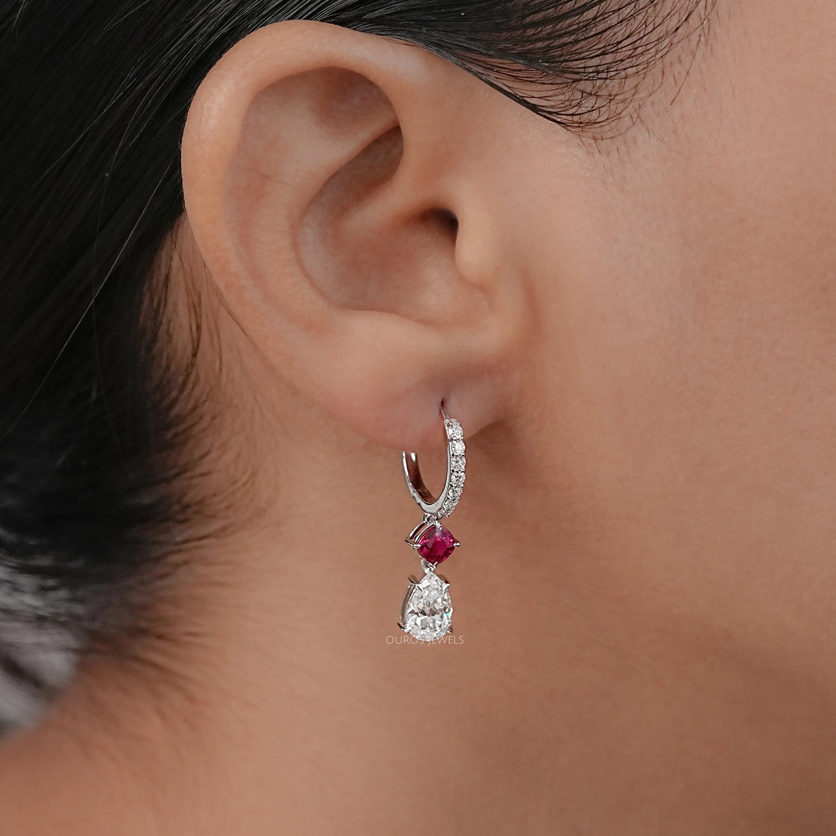 Old Mine Pear Diamond And Ruby Cushion Drop Hoop Earrings Earrings