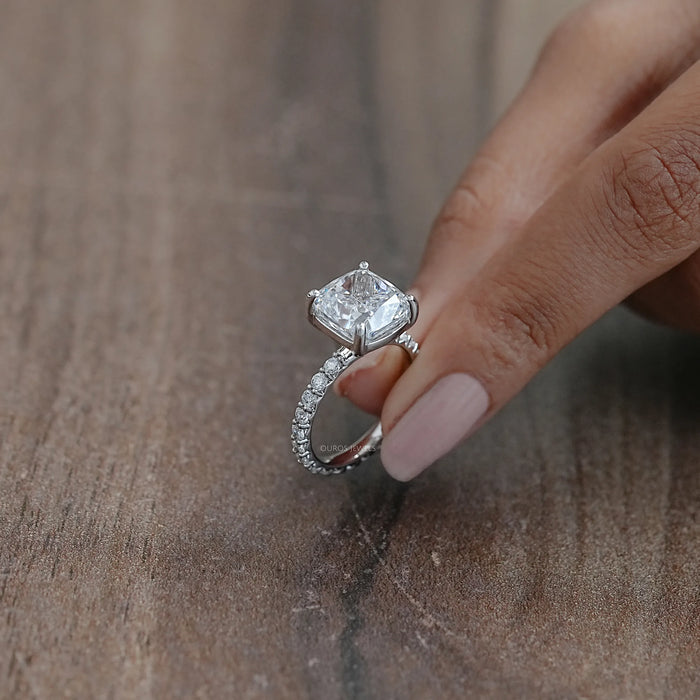 Cushion Diamond Eternity Engagement Ring With Round Diamond Accent