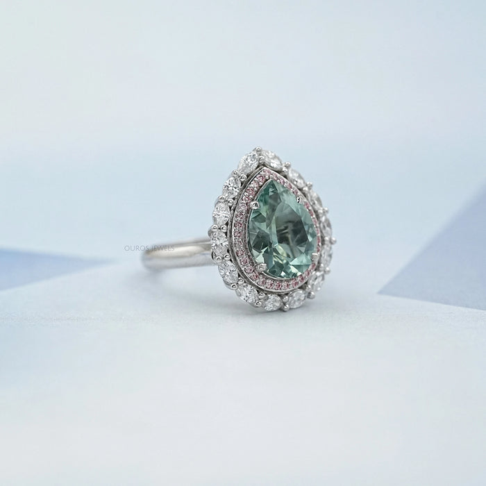 pear gemstone double halo aquamarine engagement ring's side view