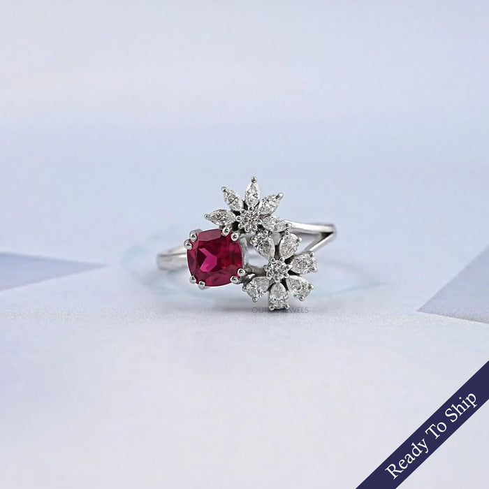 Ruby Cushion Gemstone Split Shank Engagement Ring