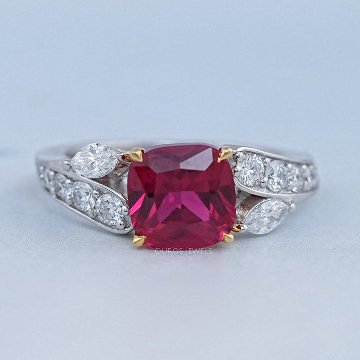 Ruby Cushion Gemstone And Lab Diamond Split Shank Ring