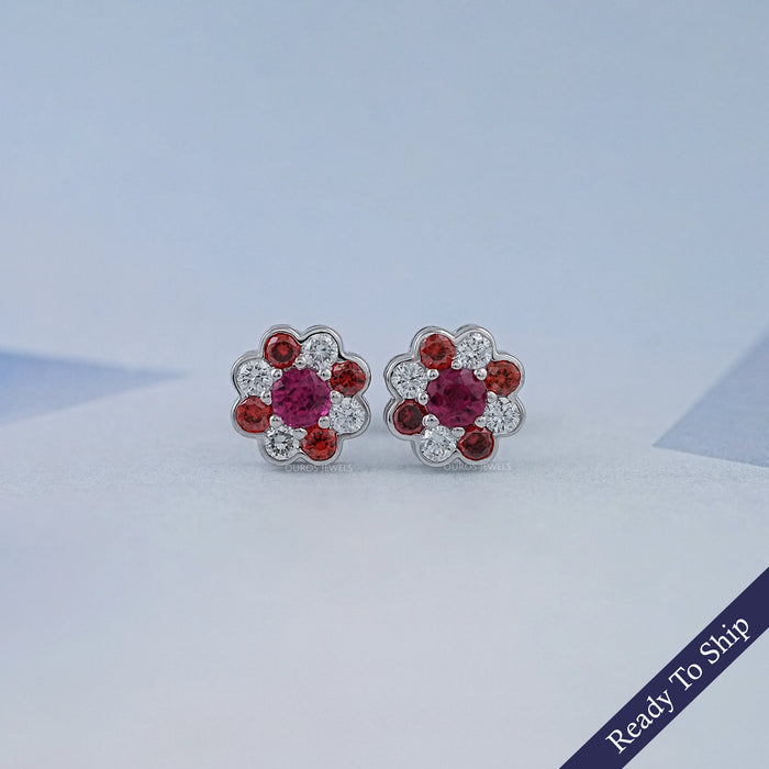 Ruby Round And Lab Diamond Bezel Set Floral Stud Earrings