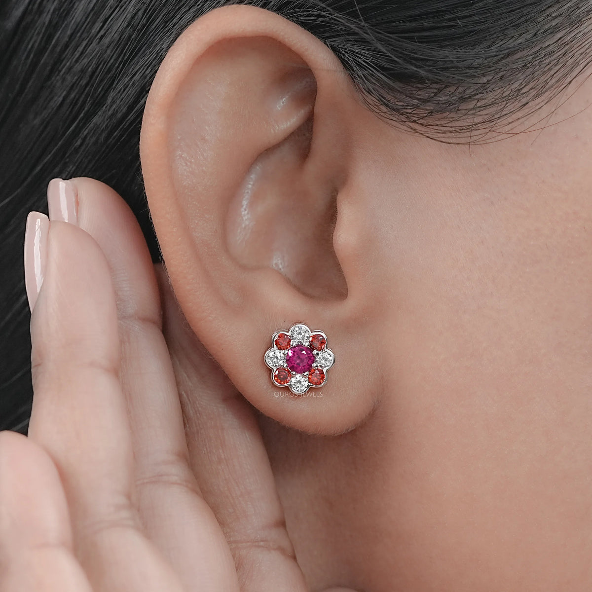 Ruby Round And Lab Diamond Bezel Set Floral Stud Earrings