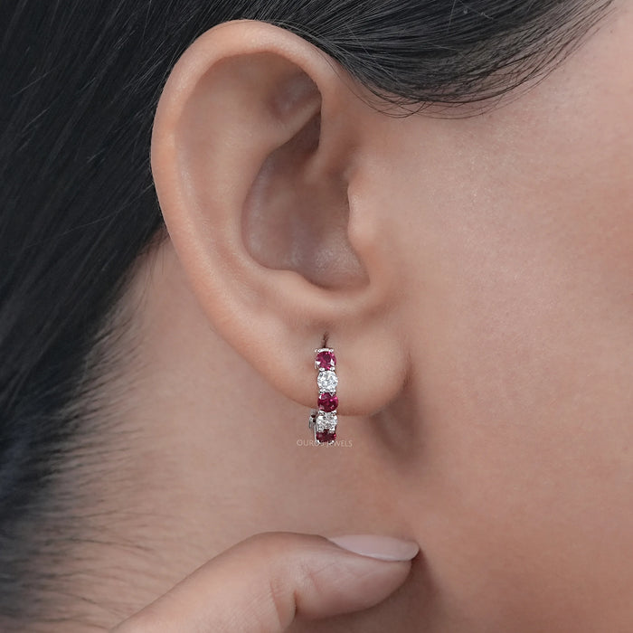 Multi Gemstone And Round Diamond In-Out Hoop Earrings