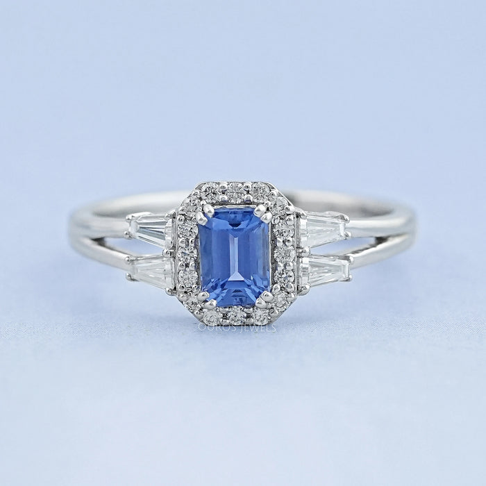 Light Blue Emerald Cut Sapphire And Lab Diamond Halo Split Shank Ring