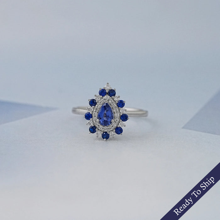 Sapphire Pear And Double Halo Engagement Ring