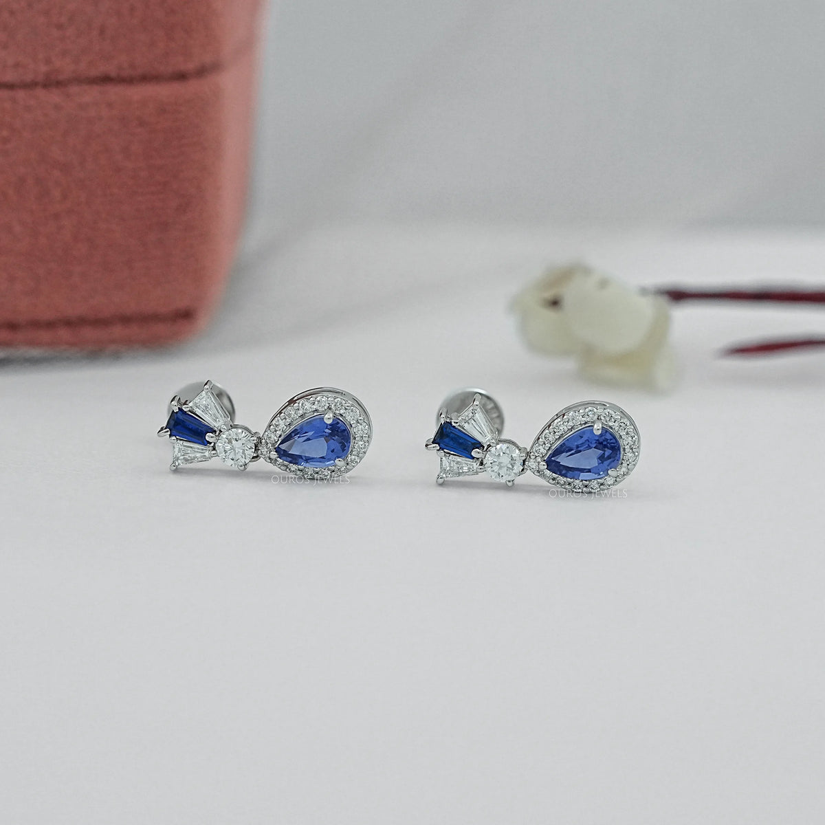Pear Blue Gemstone And Tapered Baguette Halo Drop Earrings Earrings