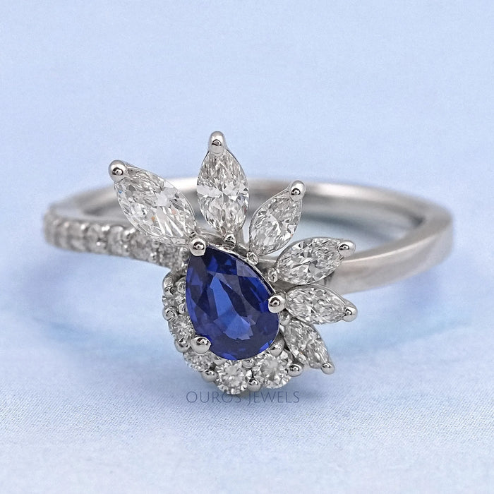 Pear Cut Blue Sapphire Cluster Bypass Engagement Ring