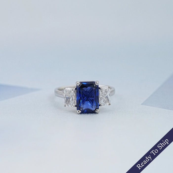 Sapphire Radiant And Lab Diamond Three Stone Ring