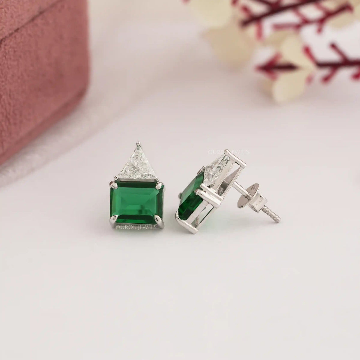 Emerald Green Gemstone and Triangle Diamond Stud Earrings Earring