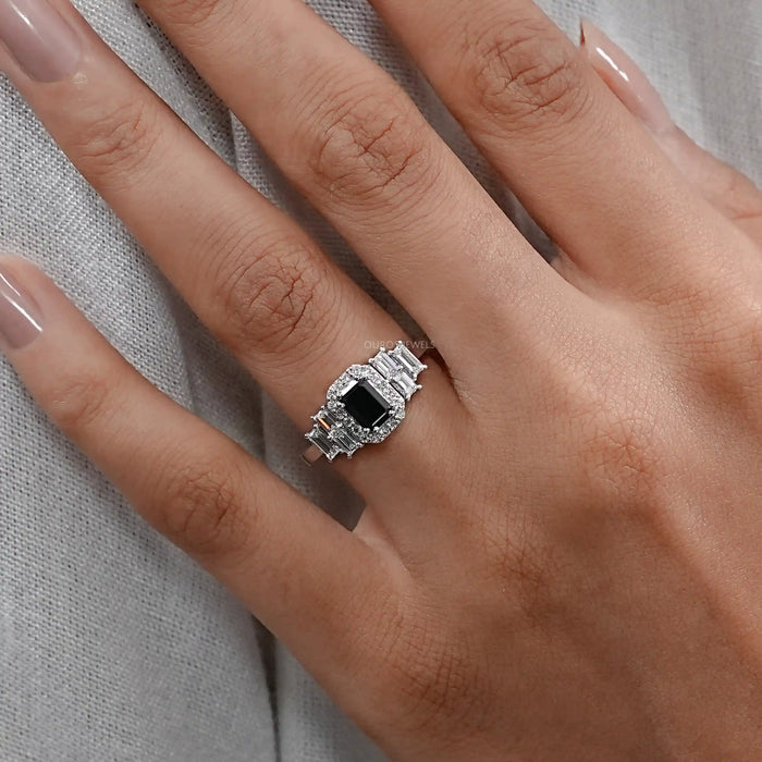 Black Emerald Cut Halo Engagement Ring