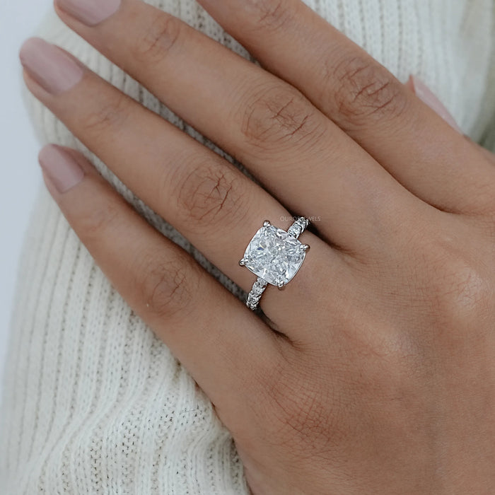 Cushion Diamond Eternity Engagement Ring With Round Diamond Accent