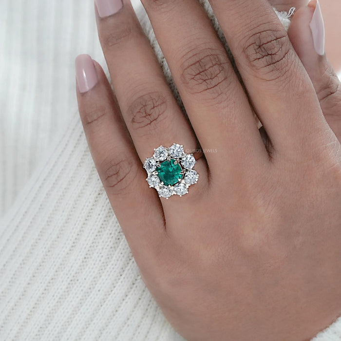 Emerald Square Cushion Round Halo Floral Engagement Ring