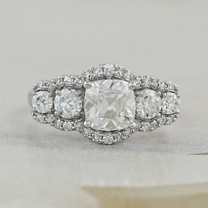 Square Old Mine Cushion Cut Five Stone Halo Engagement Ring
