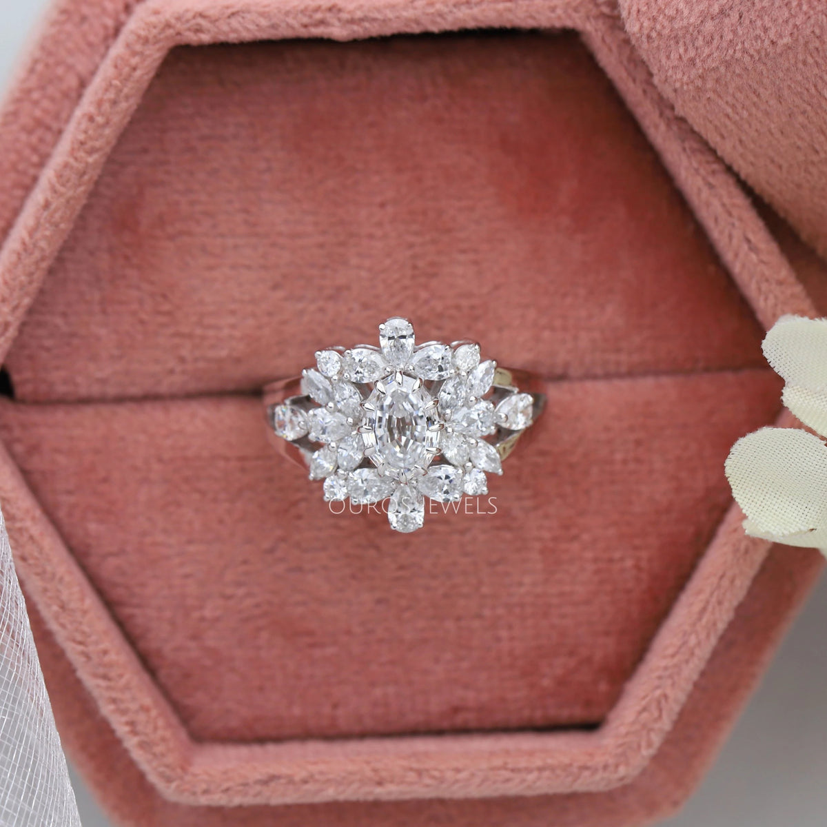 Step Cut Oval Diamond Cluster Engagement Ring