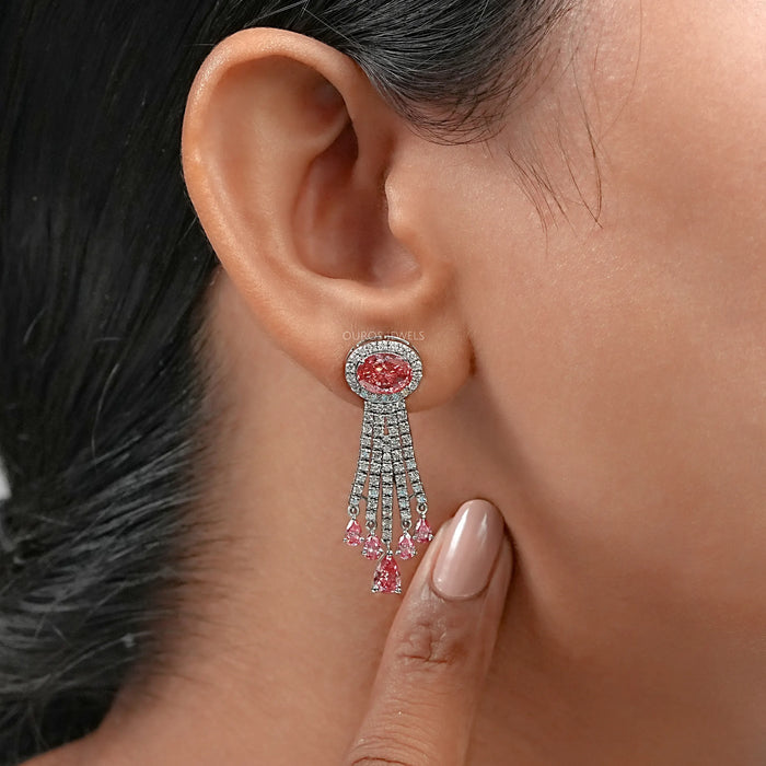 Pink Oval Cut Diamond Chandelier Earrings