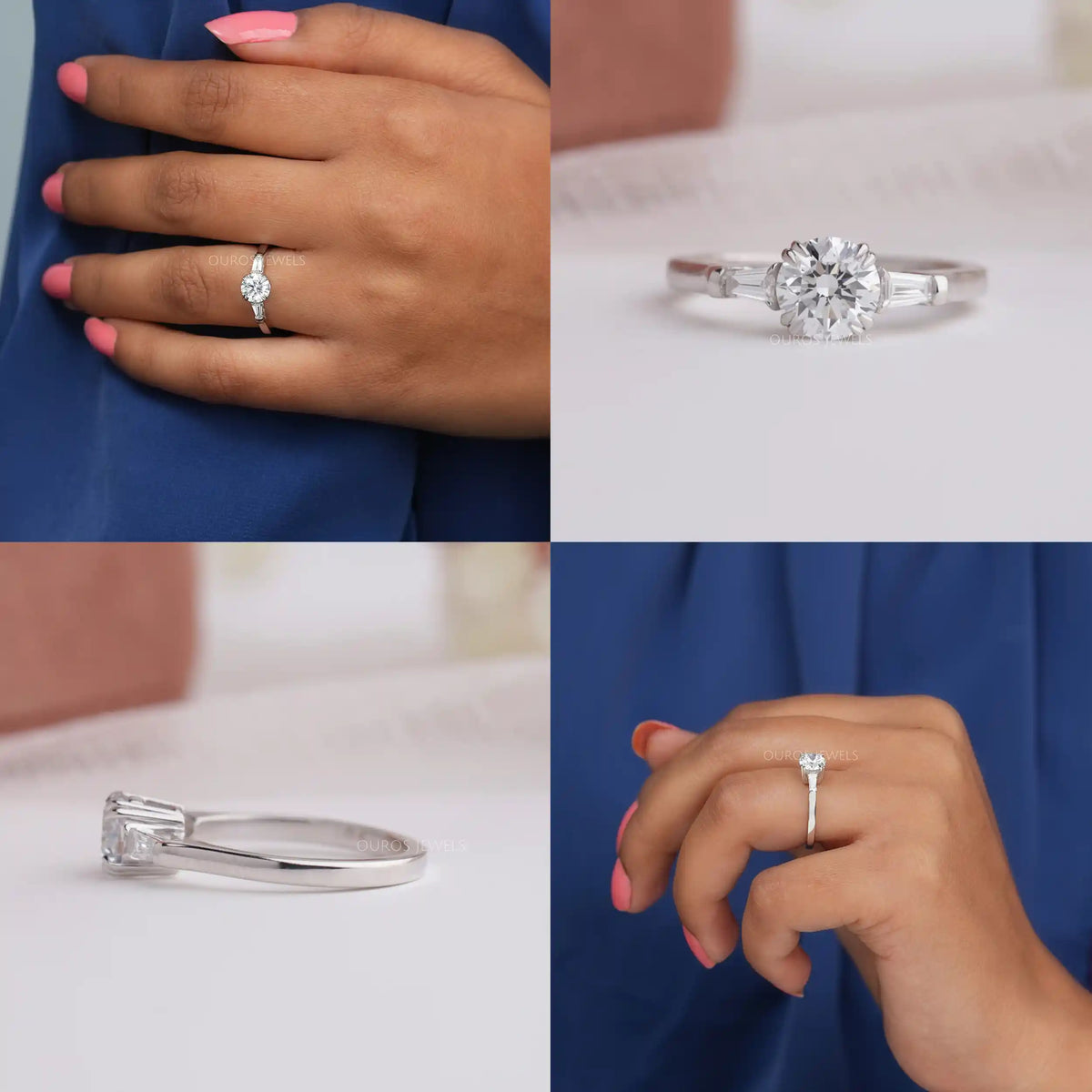 Round and Tapered Baguette Cut Three Stone Engagement Ring Ring