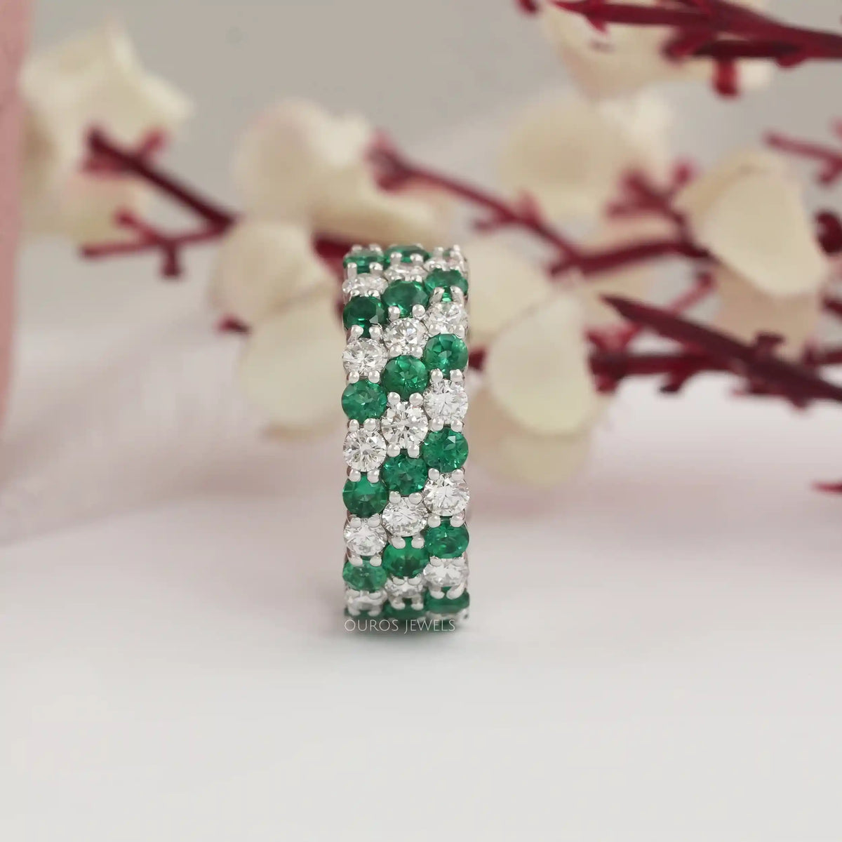 Three Row Emerald Gem And Diamond Wedding Band
