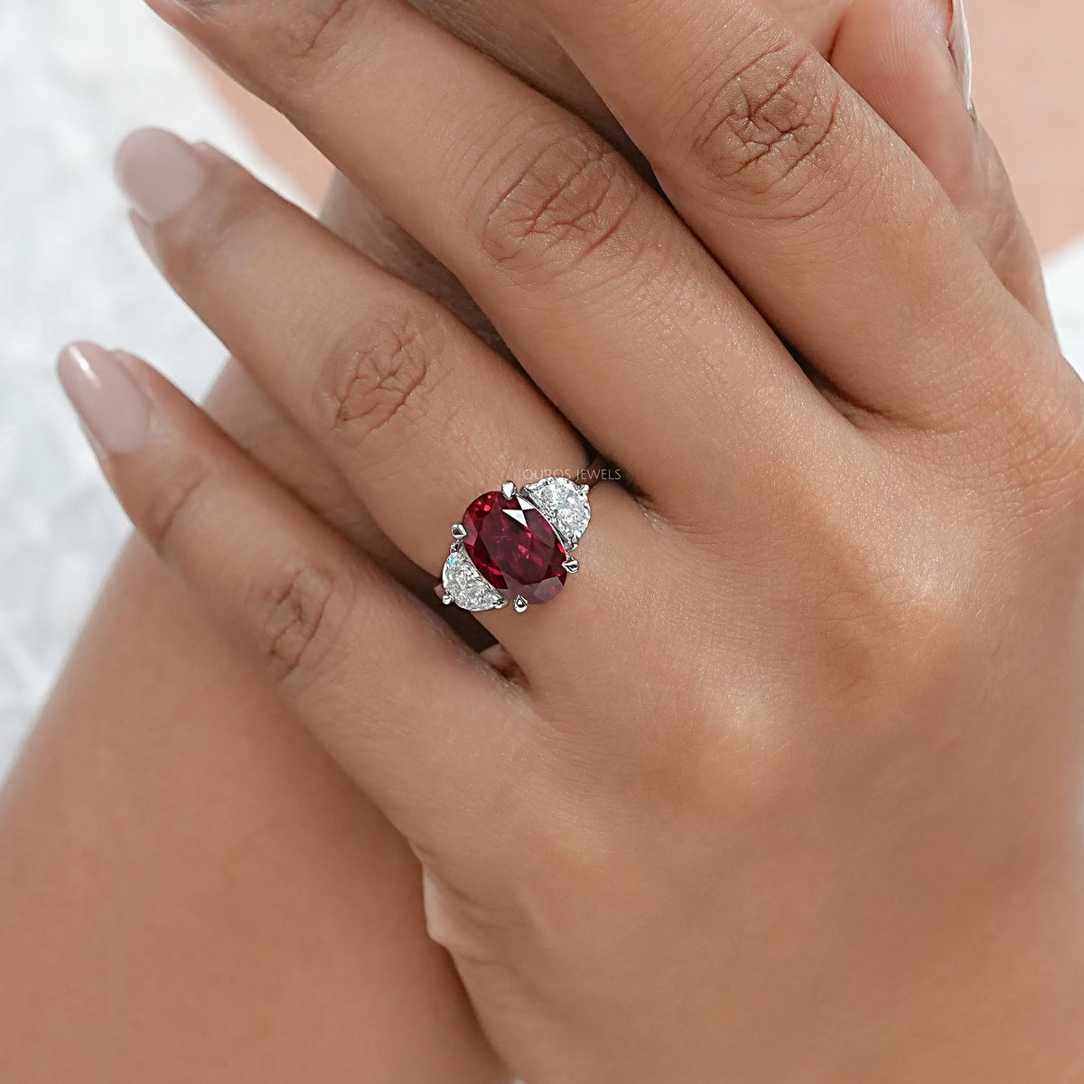 Ruby And Half Moon Diamond Three Stone Ring Ring